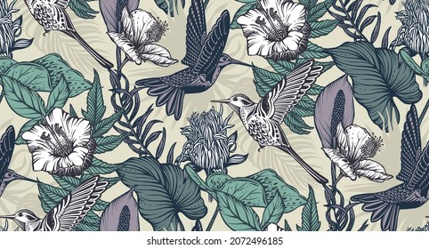 Beautiful seamless pattern with tropical flowers, hummingbird, jungle palm, monstera, exotic leaves. Nature floral endless background.