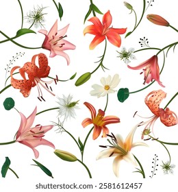 Beautiful seamless pattern of tropical flowers on white background. Orange and tiger lily flowers. Orchids. Buds. Floral illustration. Green leaves.