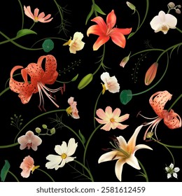 Beautiful seamless pattern of tropical flowers on black background. Orange, tiger and white lily flowers. Orchids. Buds. Floral illustration. Green leaves.