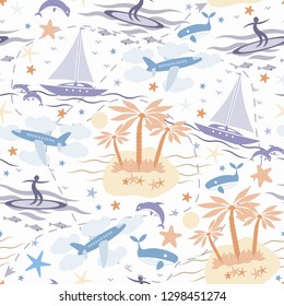 Beautiful seamless pattern with tropical islands, palm trees, yachts, surfers and airplanes, as well as whales, dolphins and starfish