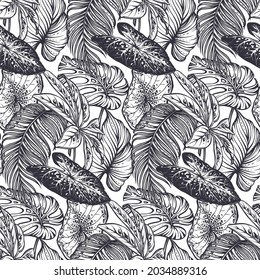 Beautiful seamless pattern with tropical jungle palm, monstera, banana leaves. Black and white nature floral endless background