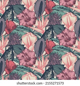 Beautiful seamless pattern with tropical jungle palm, monstera, banana leaves. Nature floral endless background