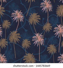 Beautiful Seamless pattern Tropical palm trees layer on sailor rope texture summer mood seamless pattern in vector design for fashion, fabric,web,wallpaper and all prints on navy blue background color