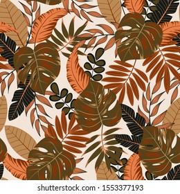 Beautiful seamless pattern with tropical plants and leaves. Floral vector tropical pattern background with exotic leaves, jungle leaf. Exotic wallpaper, Hawaiian style. Background for various surface.