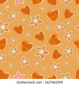 Beautiful seamless pattern. Valentines day love beautiful hearts of different sizes and stars isolated on yellow background. Realistic love symbols. Vector illustration