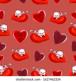 Beautiful seamless pattern. Valentines day love beautiful hearts of different sizes and cute slipping cat isolated on red background. Realistic red love symbols. Vector illustration