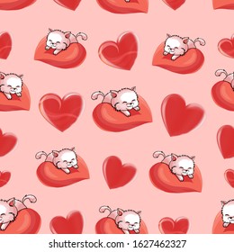 Beautiful seamless pattern. Valentines day love beautiful hearts of different sizes and cute slipping cat isolated on pink background. Realistic red love symbols. Vector illustration
