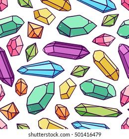 beautiful seamless pattern of a variety of crystals and gemstones. hand-drawn illustration