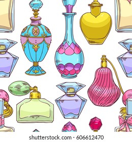 beautiful seamless pattern of a variety of womens colorful perfume bottles. hand-drawn illustration