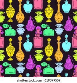 beautiful seamless pattern of a variety of womens colorful perfume bottles on dark background. hand-drawn illustration