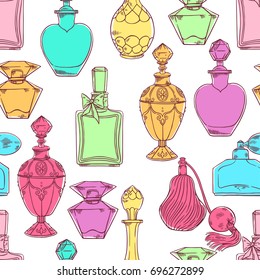 beautiful seamless pattern of a variety of women's colorful perfume bottles. hand-drawn illustration
