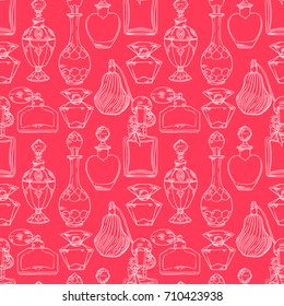beautiful seamless pattern of a variety of women's perfume bottles. hand-drawn illustration