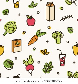 Beautiful seamless pattern with various delicious vegetables and healthy products. Backdrop with organic wholesome food, eco nutrition. Colorful vector illustration in modern line art style