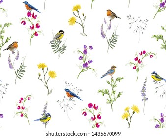 Beautiful seamless pattern vector blooming botanical in many kind of plants and birds design for fashion, fabric, wallpaper, and all prints on white  background