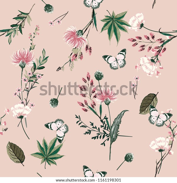 ファッション 布地 壁紙 ピンクのヌード背景色のすべてのプリント用に 多くの種類の植物デザインでシームレスな模様のベクター画像が咲く美しい植物 のベクター画像素材 ロイヤリティフリー