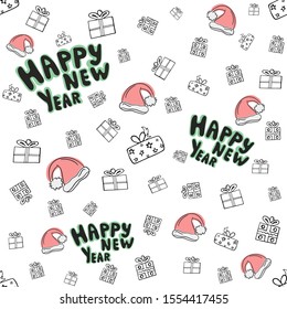 Beautiful seamless pattern vector with cute presents, Santa Claus hats and the inscription Happy New Year. Decorative hand drawn vector for design on a red background