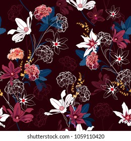 Beautiful seamless pattern vector a garden flowers are blooming and gentle mix with outline stoke on trendy purple background,for fashion fabric and all prints 