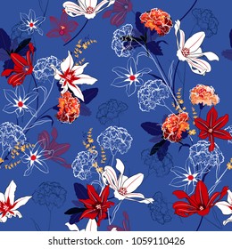 Beautiful seamless pattern vector a garden flowers are blooming and gentle mix with outline stoke on bright sky blue background,for fashion fabric and all prints 