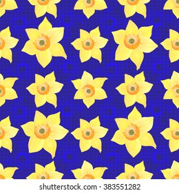 Beautiful seamless pattern. Vector illustration with yellow daffodils on blue background unusual. Suitable for gift paper, wrapping, scrapbooking, greeting cards.