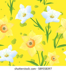 Beautiful seamless pattern. Vector illustration with yellow and white daffodils on yellow
, background unusual. print for gift paper, wrapping, scrapbooking, greeting cards.