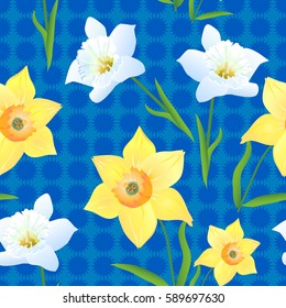Beautiful seamless pattern. Vector illustration with yellow and white daffodils on blue background. Print for gift paper, wrapping, scrapbooking, greeting cards.