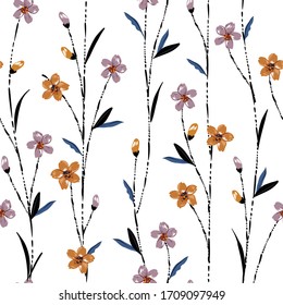 Beautiful seamless pattern vector with meadow flowers with hand brush line stem, Liberty colorful floral background.pattern for fashion,fabric and all prints on white background