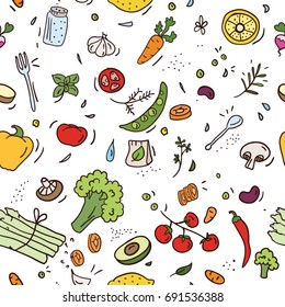 Beautiful seamless pattern with vegetables, vector background cartoon with food/cooking in eps