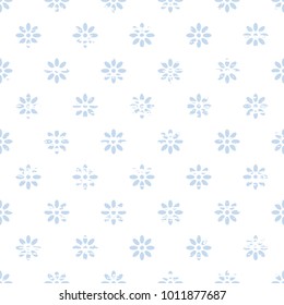 Beautiful seamless pattern with vintage shabby effect, blue little flowers on white background, textured design template 