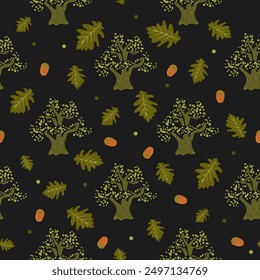Hermoso patrón sin fisuras con árbol vintage y bosquejo de hojas. Tarjetas de felicitación de fondo de diseño para vacaciones de otoño y verano, Ilustración vectorial