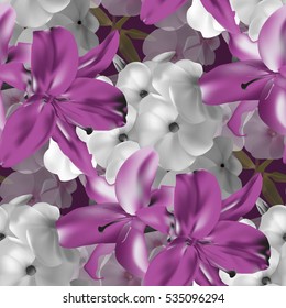  Beautiful seamless pattern with violet lilies and white phlox on violet background. Vector illustration.