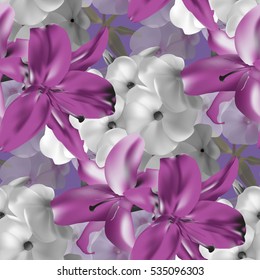 Beautiful seamless pattern with violet lilies and white phlox on lilac background. Vector illustration.