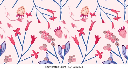 Beautiful seamless pattern with watercolor foliage. Hand painted illustration.Pink flowers, branches and leaves. Best for background, wallpaper, wrapping paper, textile, bedding fabric, fashion design