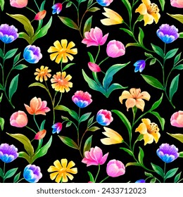 Beautiful seamless pattern with watercolor hand drawn colorful flowers. floral illustration. Tulip, dandelion, cornflower, delicate flower, vector pattern. wildflowers, poppy, chamomile, background