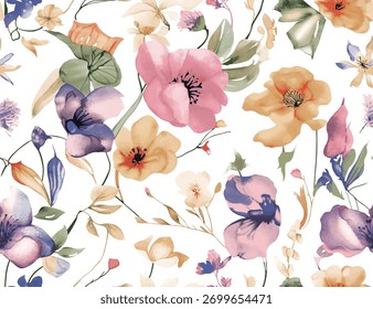 Hermoso patrón sin fisuras con acuarela dibujada a mano flores coloridas patrón floral moderno
