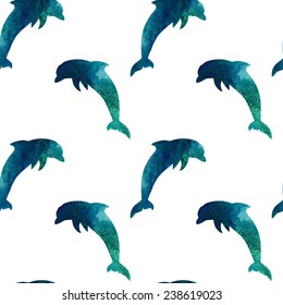 Beautiful seamless pattern with watercolor silhouette of a dolphin