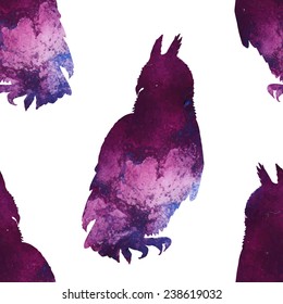 Beautiful seamless pattern with watercolor silhouette of a owl