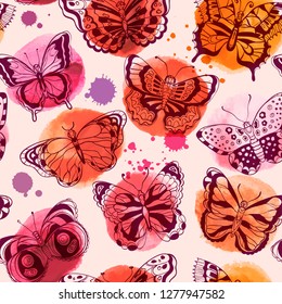 Beautiful Seamless pattern of watercolor spots and various butterflies. Vector illustration