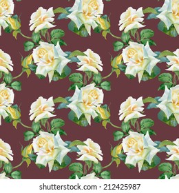 Beautiful seamless pattern with watercolor white roses on brown background vector illustration