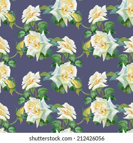 Beautiful seamless pattern with watercolor white roses on purple background vector illustration
