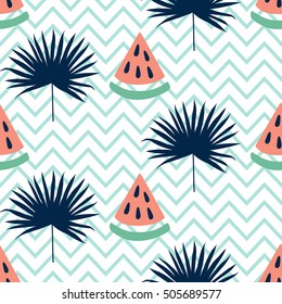 Beautiful seamless pattern with watermelon and tropical leaf on zig zag background, trendy fashion textile print, pop art vector design. Retro 80s style