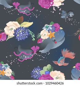 Beautiful seamless pattern with a whale in floral, flowers 