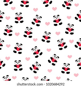 beautiful seamless pattern of white with bears teddy bears pandas with hearts in the paws, background for the feast of St. Valentine on February 14