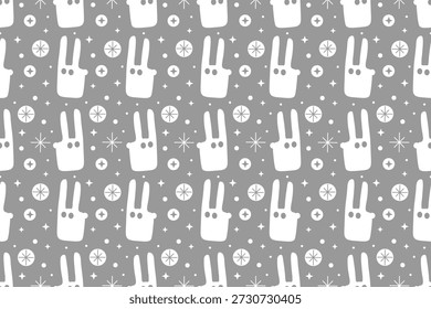 Hermoso patrón transparente con conejo blanco y copos de nieve que caen. Patrón de Navidades de invierno. Diseño de Vector plano. Para textiles, empaques, fondos o Sitios web.