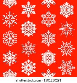 Beautiful seamless pattern with white snowflakes isolated on christmas red background. Holiday repetitive pattern. Vector illustration for your graphic design.