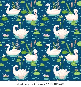 Beautiful Seamless Pattern with white Swans and Water Lillies, use for Baby Background, Textile Prints, Covers, Wallpaper, Posters. Vector Illustration 