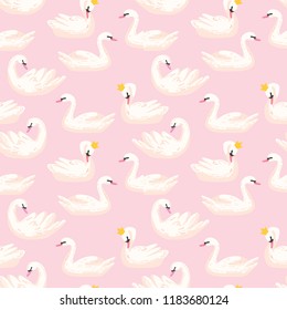 Beautiful Seamless Pattern with white Swans in crowns, use for Baby Background, Textile Prints, Covers, Wallpaper, Posters. Vector Illustration