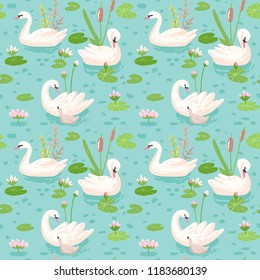 Beautiful Seamless Pattern with white Swans, use for Baby Background, Textile Prints, Covers, Wallpaper, Posters. Vector Illustration