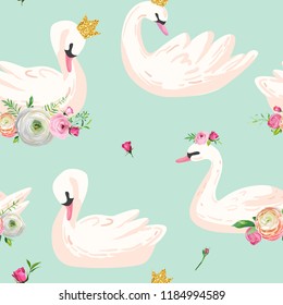 Beautiful Seamless Pattern with white Swans in crowns, use for Baby Background, Textile Prints, Covers, Wallpaper, Posters. Vector Illustration