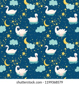 Hermoso patrón sin foco con cisnes blancos, luna y estrellas, uso para fondo de bebé, impresiones textiles, cubiertas, papel tapiz, afiches. Ilustración vectorial