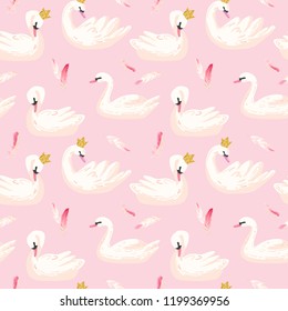 Beautiful Seamless Pattern with white Swans and pink Feathers, use for Baby Background, Textile Prints, Covers, Wallpaper, Posters. Vector Illustration